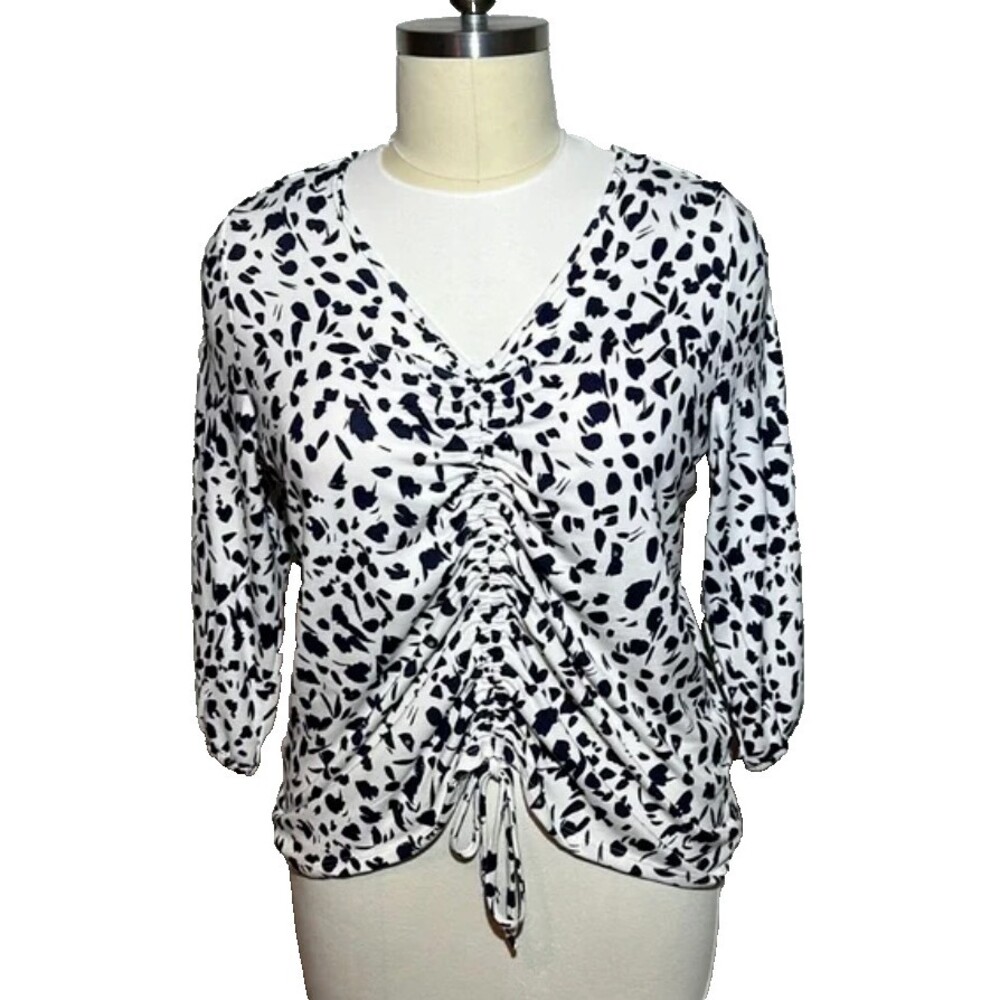 Como Blu Sweater 2X Blue & White V-Neck Center Gathered Bling Sleeves